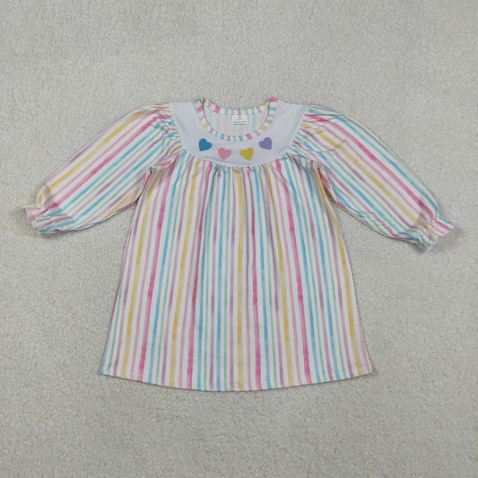 GLD1335 Baby Girls Valentine's Day Striped Embroidery Heart Long Sleeve Dress