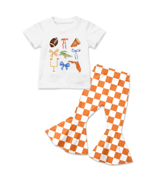 Preorder 5 MOQ Baby Girls Football Team Orange Checked Bell Bottom Pants Outfit