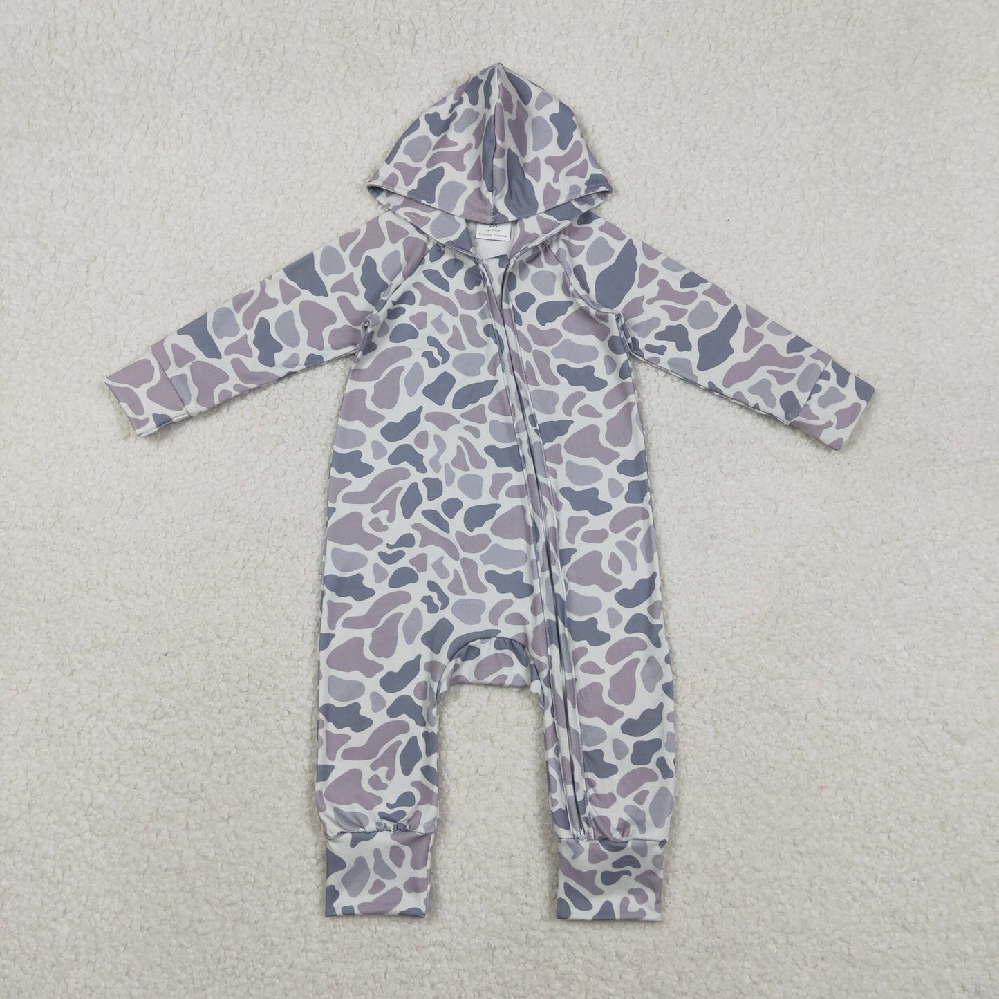 LR2813 Baby Boys  Old School Camo Long Sleeve Zipper Hooded Romper