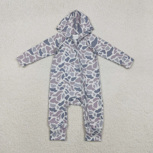 LR2813 Baby Boys  Old School Camo Long Sleeve Zipper Hooded Romper