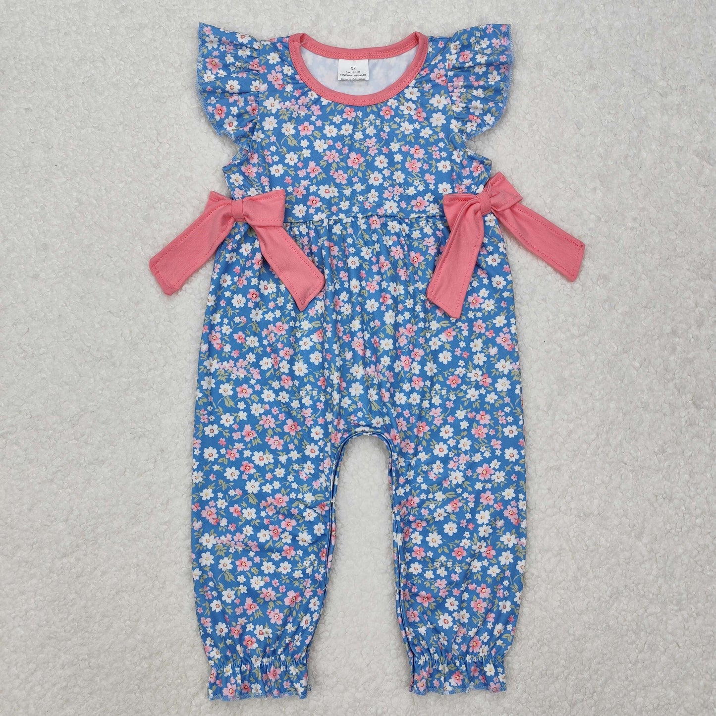 Baby Girls Pink Flower Flutter Sleeve Romper With Bows