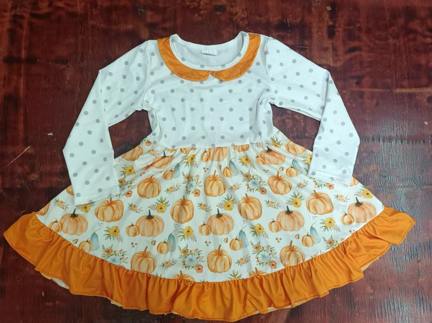 3 MOQ  Baby Girls Pumpkin Floral Long Sleeve Dress Pre-order