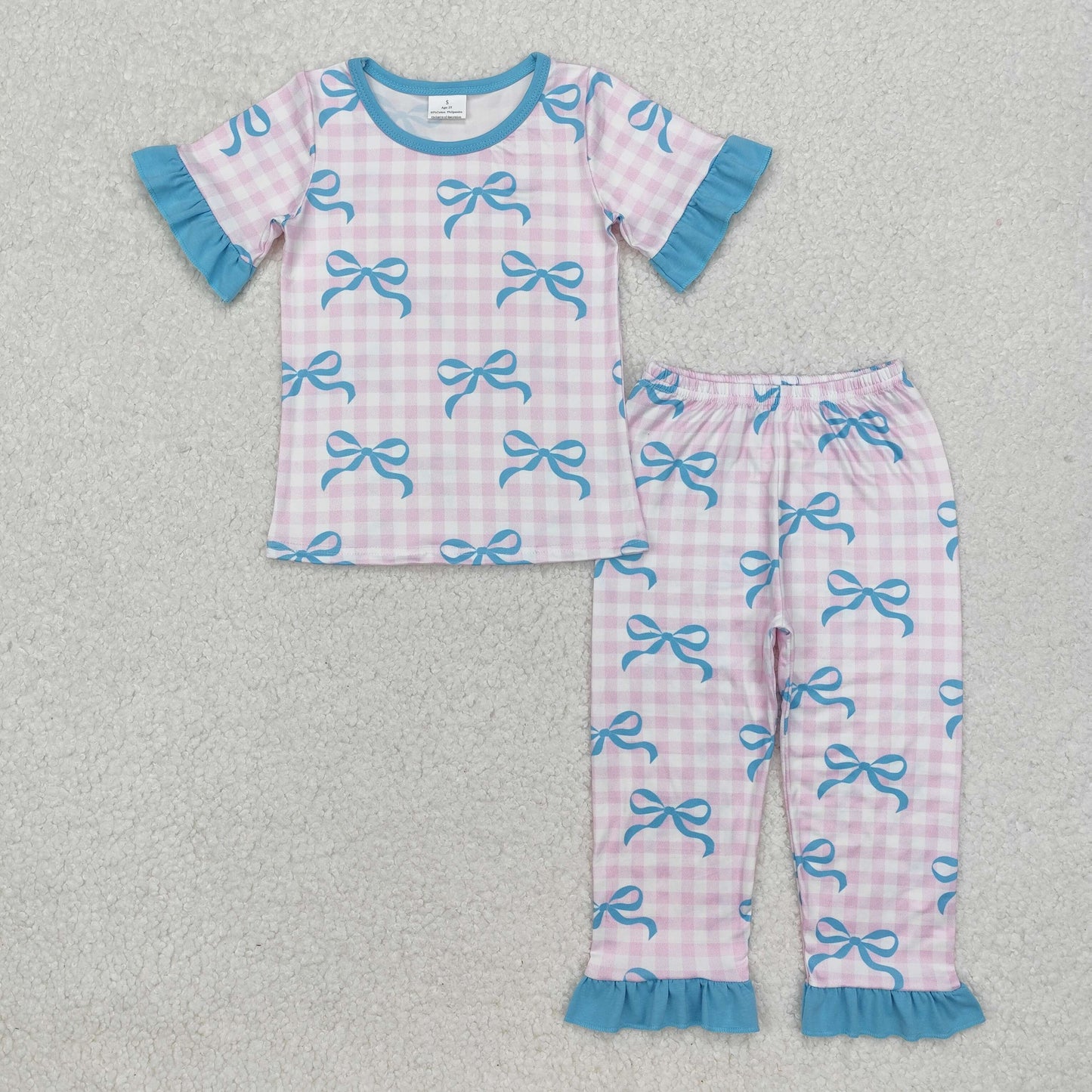 Baby Girls Blue Bow Pink Gingham Pajama Set