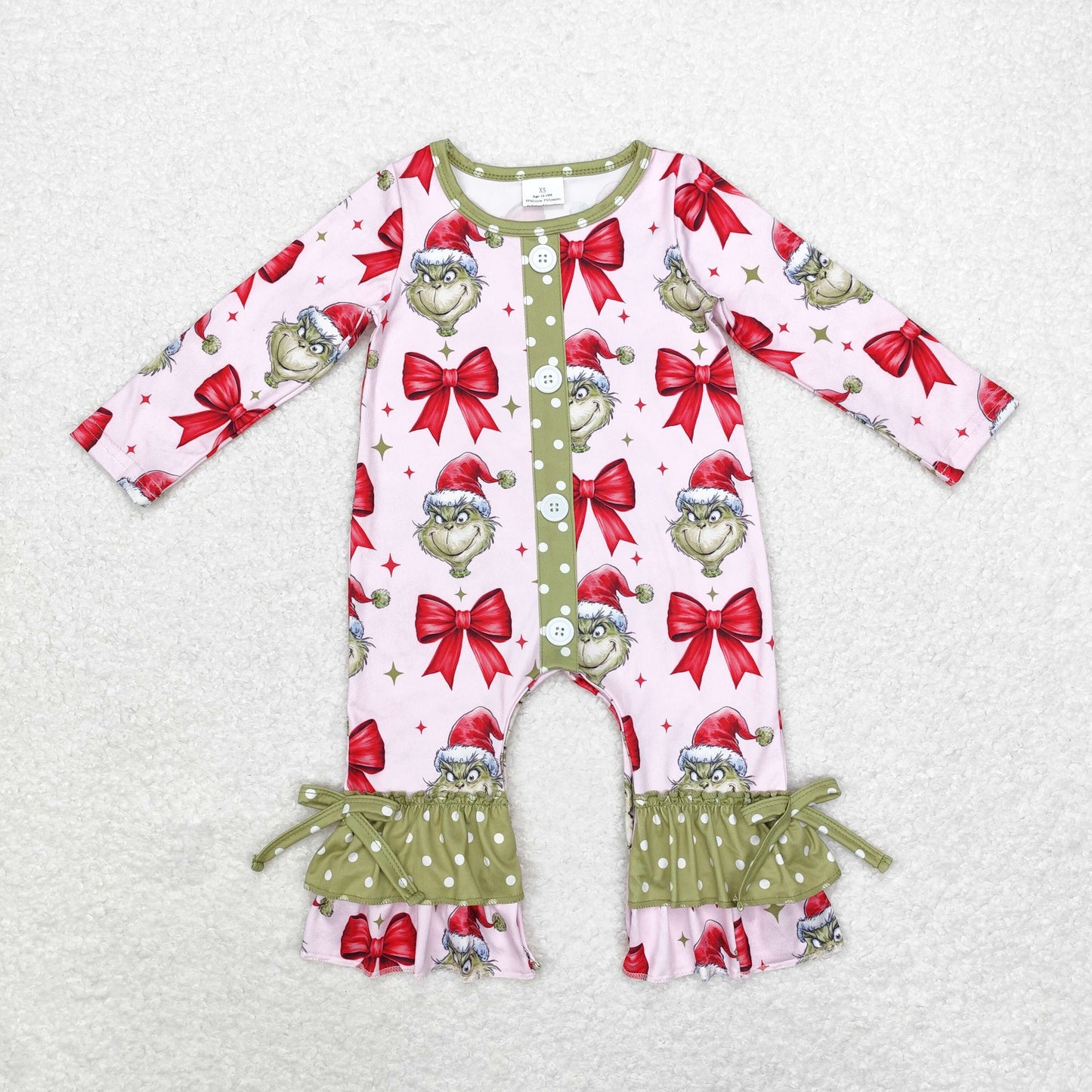 Baby Girls Christmas Green Face Bow Romper