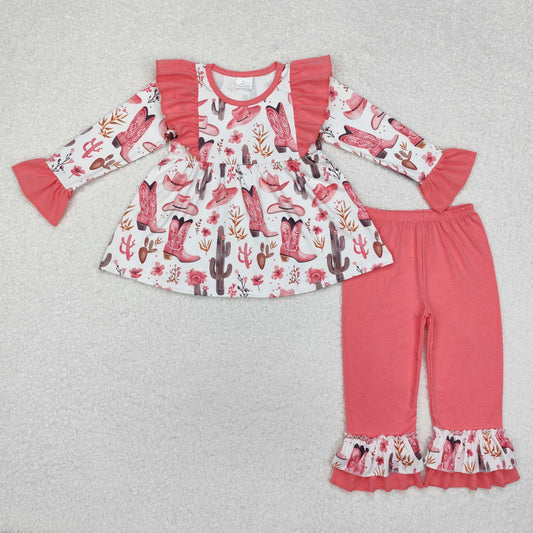 Toddler Baby Girls  Western Boots Tunic Top Pink Ruffle Pants Outfit