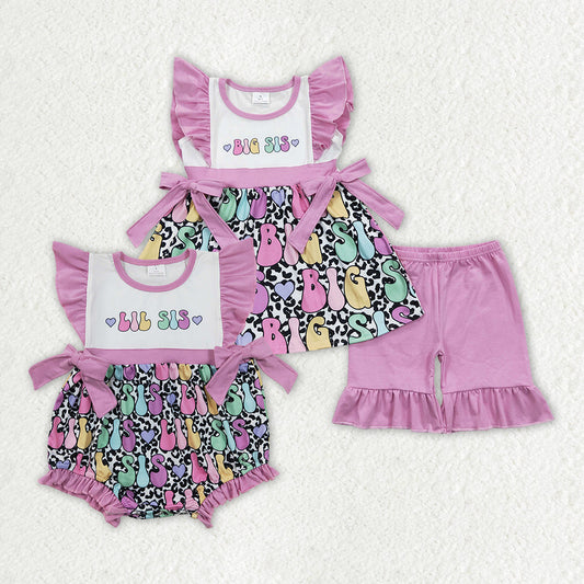 Sibling Baby Girls Lavender Flutter Sleeves BIG Bows Leopard Tunic Ruffle Short Set And LIL SIS Romper