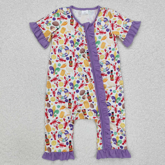 SR2019 Newborn Baby Girls Mard Gras Short Sleeve Zipper Romper