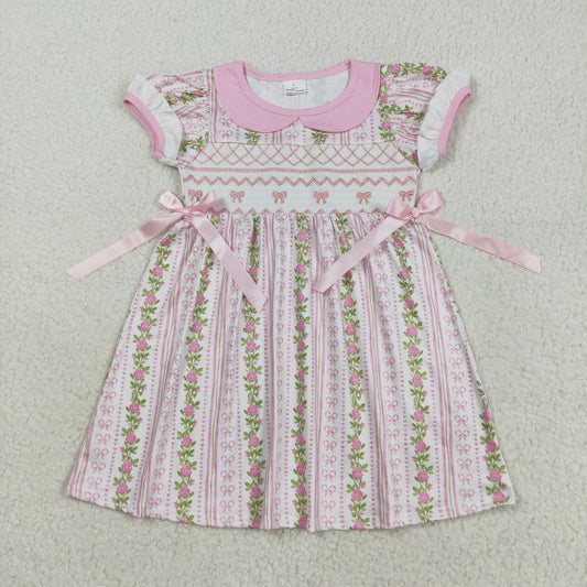 GSD2717 Kids  Girls Pink Bow Smocked Dress