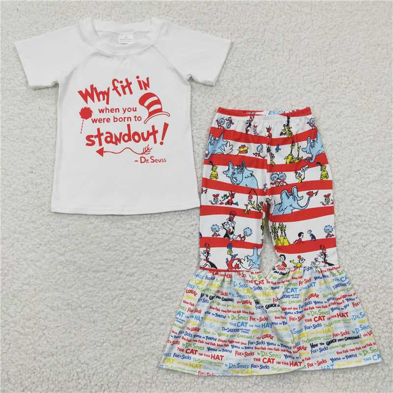 Baby Girls White Short Sleeves Dr Hat Top Red Stripe Bell Bottom Pant Set