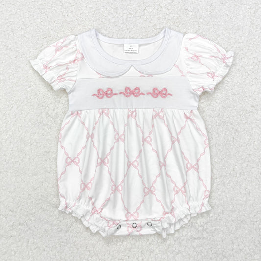 Newborn Baby Girls Pink Bow Short Sleeve Bubble Romper