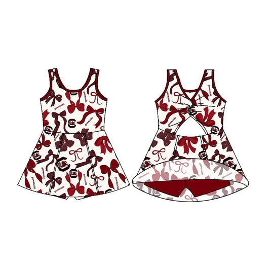 Preorder 5 MOQ Baby Girls Sleeveless Gamecock Bows Shorts Team Knee Length Dresses