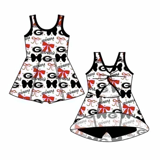 Preorder  5 MOQ，Baby Girls Georgia Red Black Bows Shorts Team Knee Length Dresses
