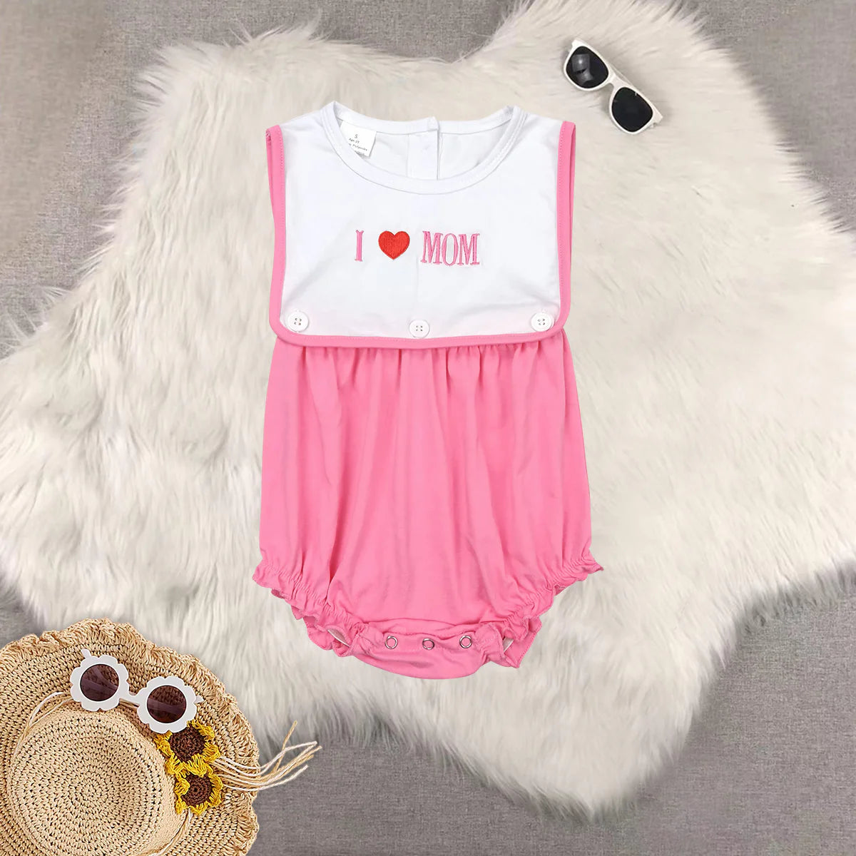 Embroidery I Love Mom Baby Girls Bubble Romper