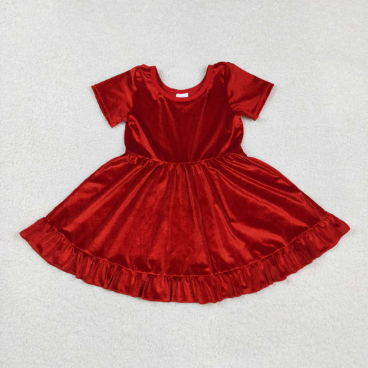 GSD2614 Kids Girls Red Vevlet  Short Sleeve Dress