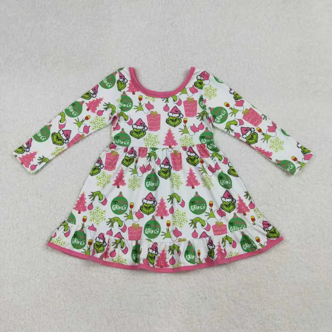 Sibling Baby Girls Green Faces Trees Lights Christmas Ruffle Knee Length Dress Pajamas Sets Footie Rompers