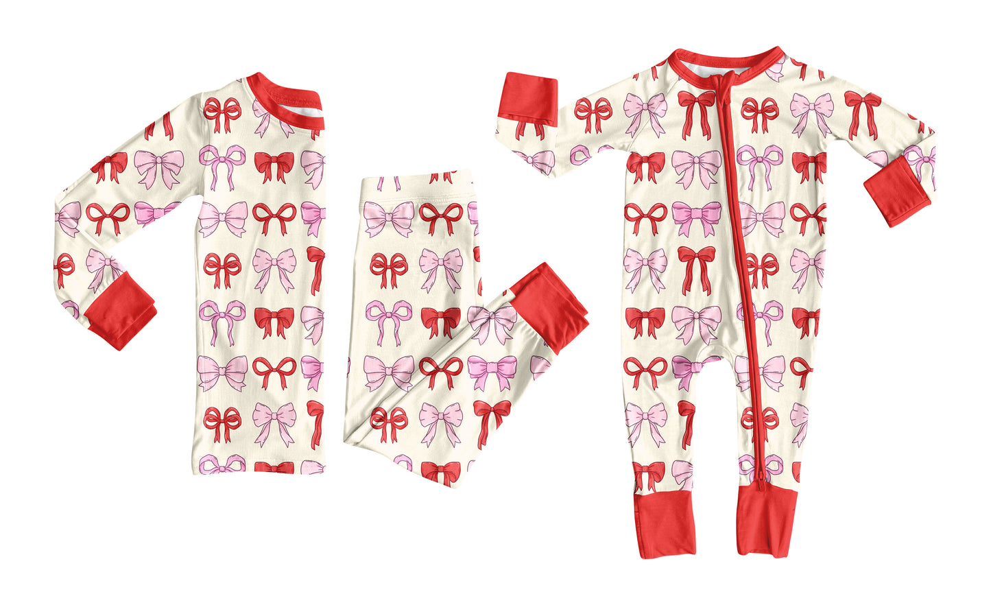 5 MOQ Preorder  Kids Girls Red Bows Long Sleeve Pajama Set +Romper
