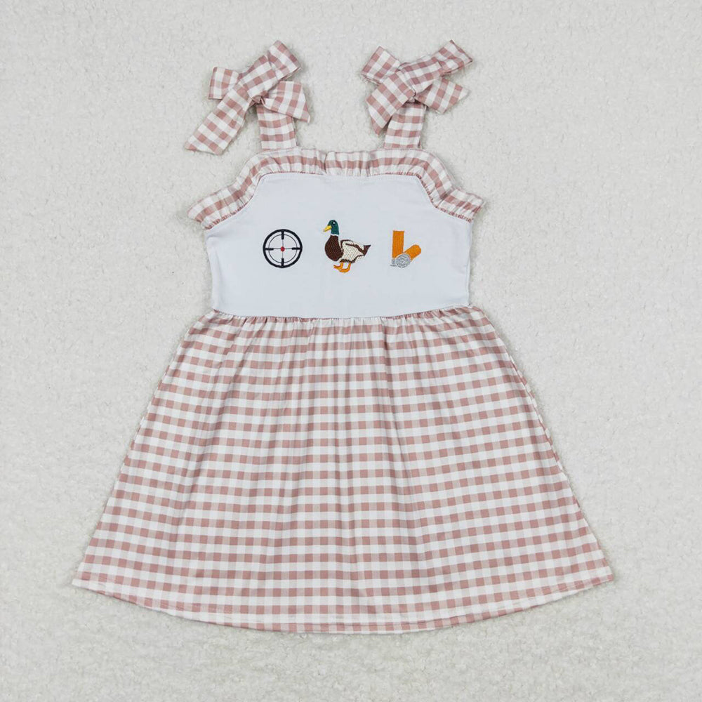 Sibling Baby Kids Khaki Plaid Embroidery Duck Top Set Dress And Rompers