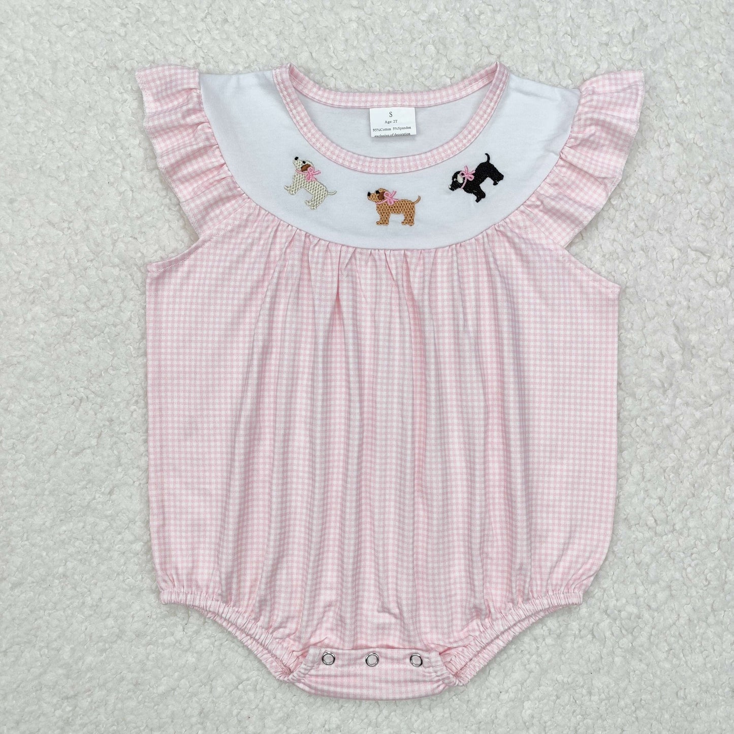 Baby Girls Pink Flutter Sleeves Embroidery Dogs Valentines Romper