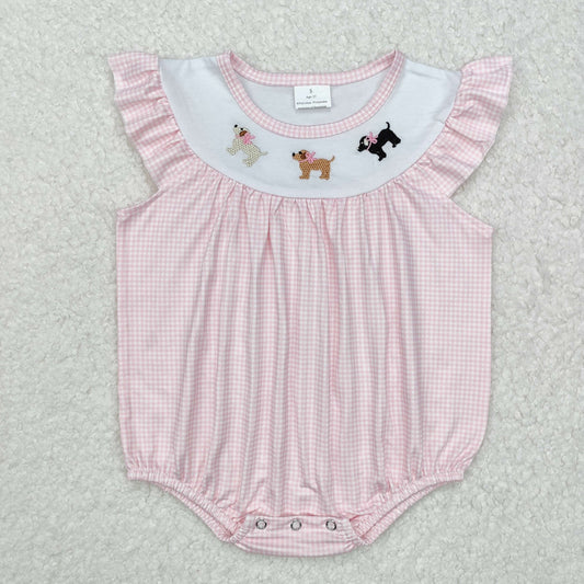 Baby Girls Pink Flutter Sleeves Embroidery Dogs Valentines Romper