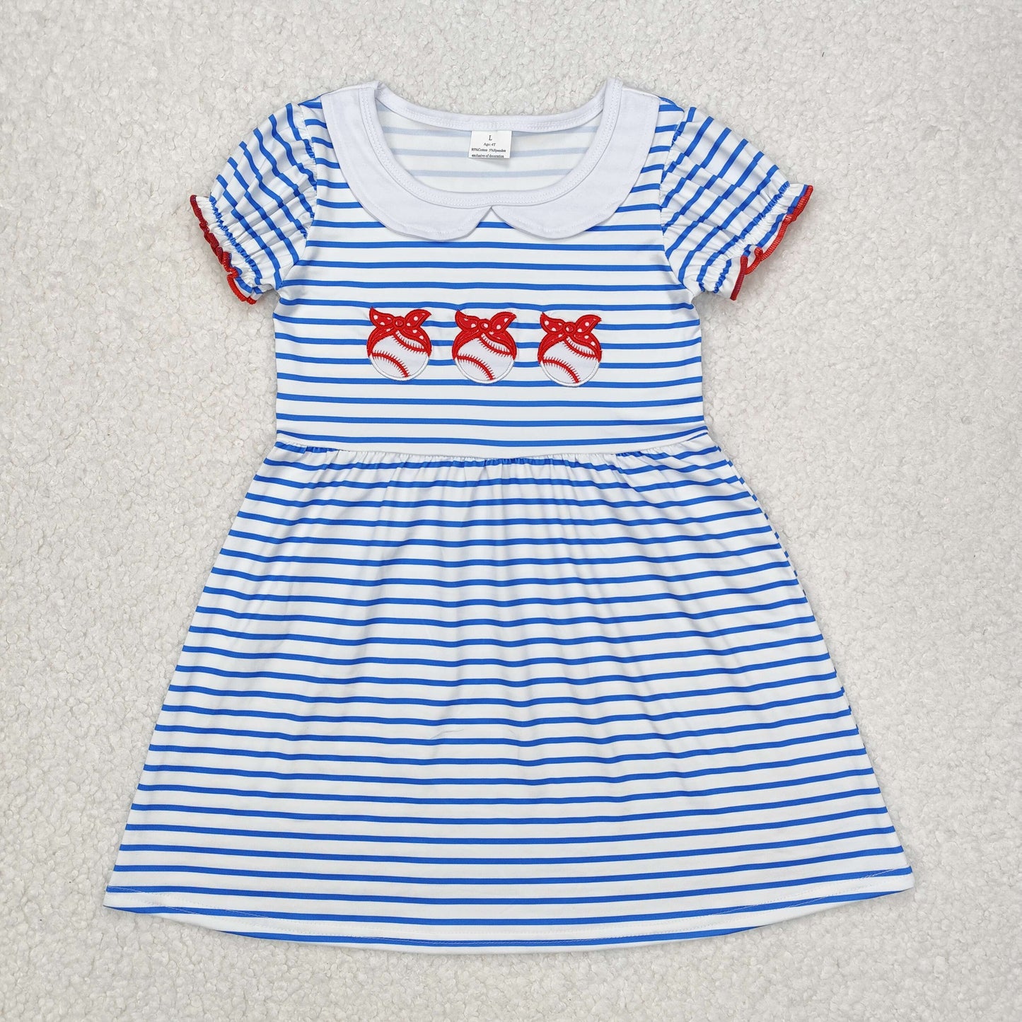 Baby Girls Embroidery Baseball Blue Striped Short Sleeve Dress