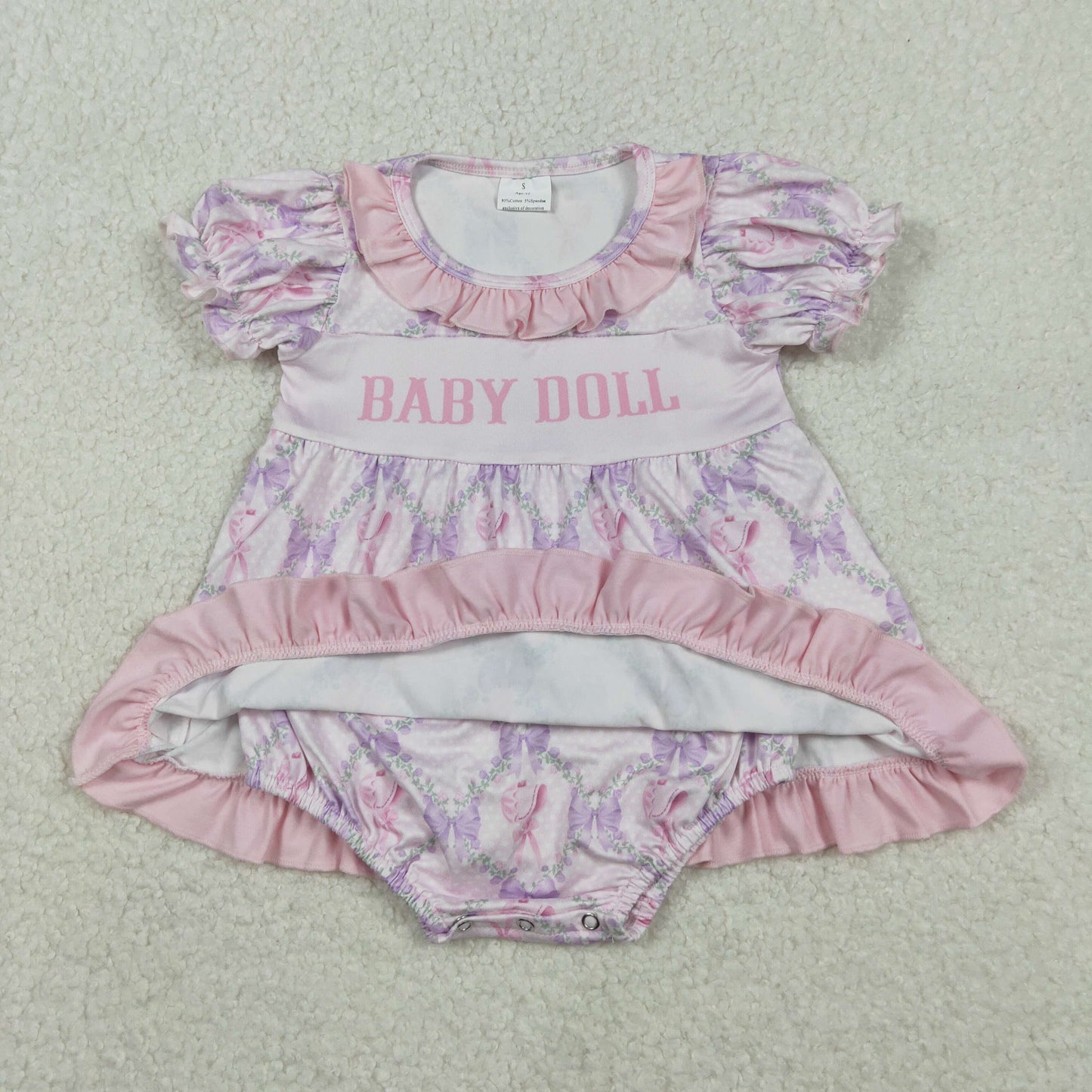 SR3291 Baby Doll Purple Bow Short Sleeve Bubble Romper