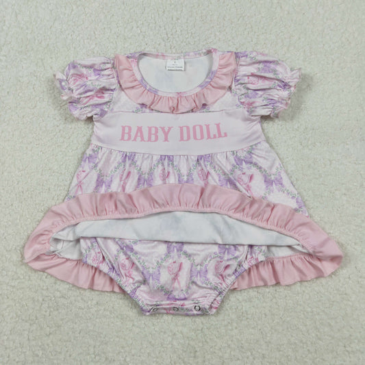 SR3291 Baby Doll Purple Bow Short Sleeve Bubble Romper
