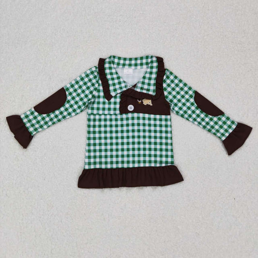 Baby Girls Brown Green Plaid Long Ruffle Sleeves Embroidery Duck Dog Polo Shirt Top