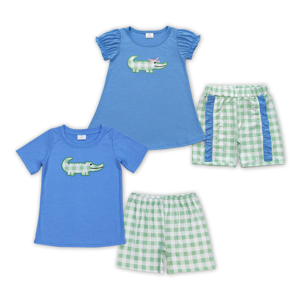 Baby Boys Girls Sibling Crocodile Shirt Green Checkered Shorts Clothes Sets