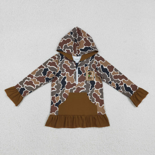 GT1132 Baby Girls Brown Camo Embroidery Dog Zipper Hoodie Top Long Sleeve