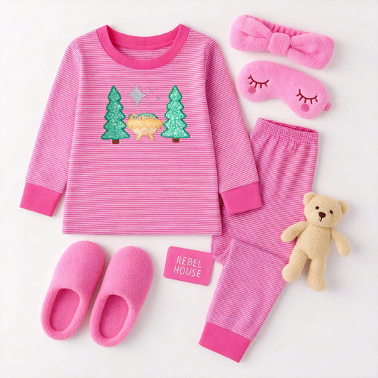 Preorder kids girls  Nativity Story hot pink pajama set 5 moq