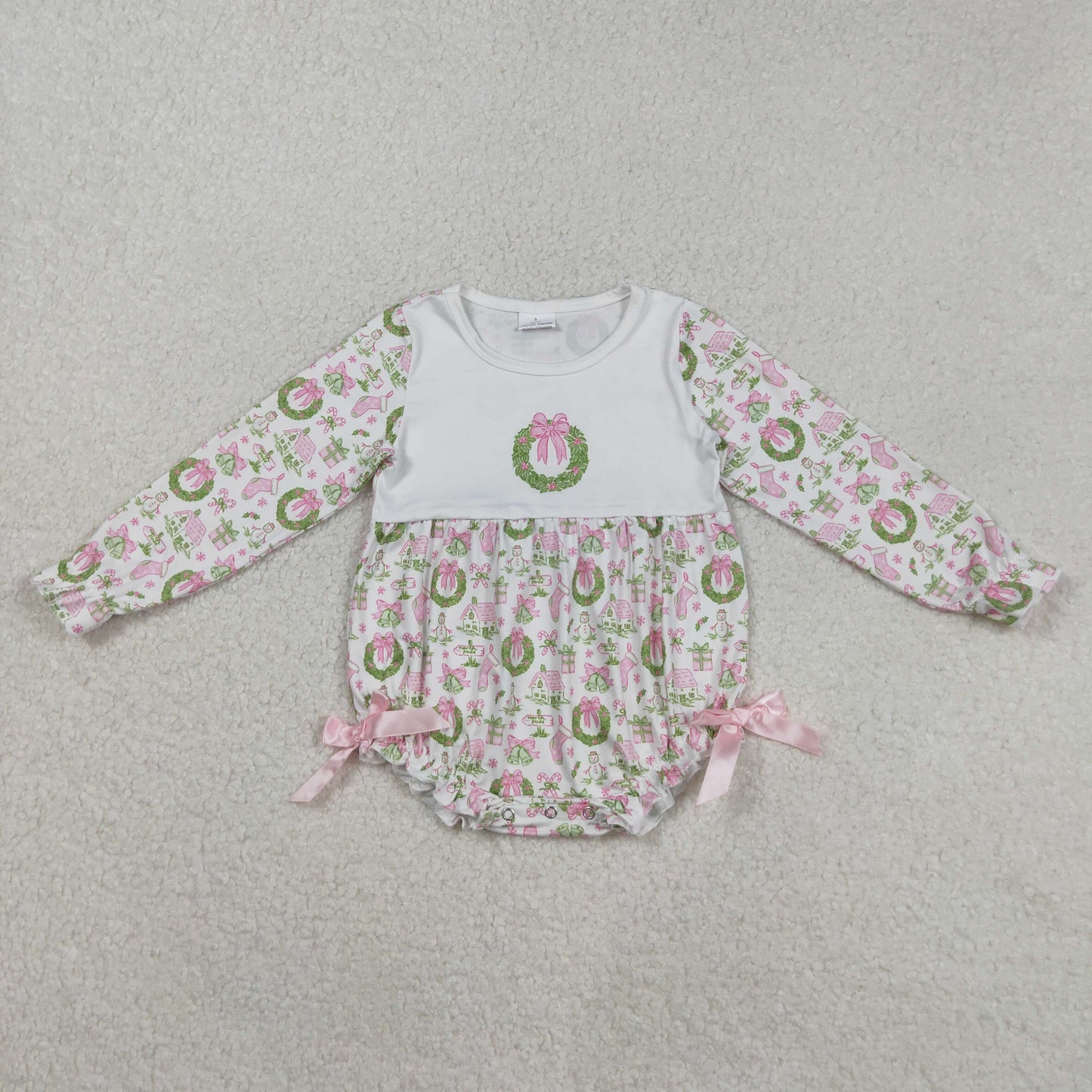 LR2325 Baby Girls Christmas Holly Pink Bow Long Sleeve Bubble Romper