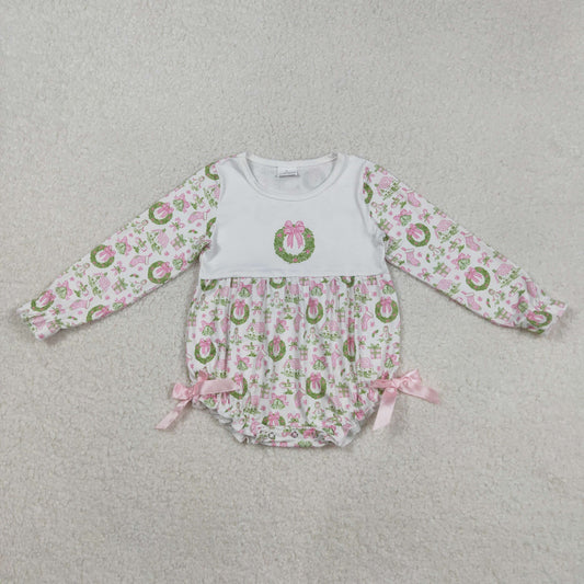 LR2325 Baby Girls Christmas Holly Pink Bow Long Sleeve Bubble Romper