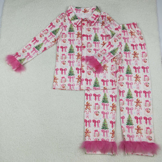 GLP2717 Adult Women Christmas  Gingerbread Bow Buttons Pajama Set With Fur