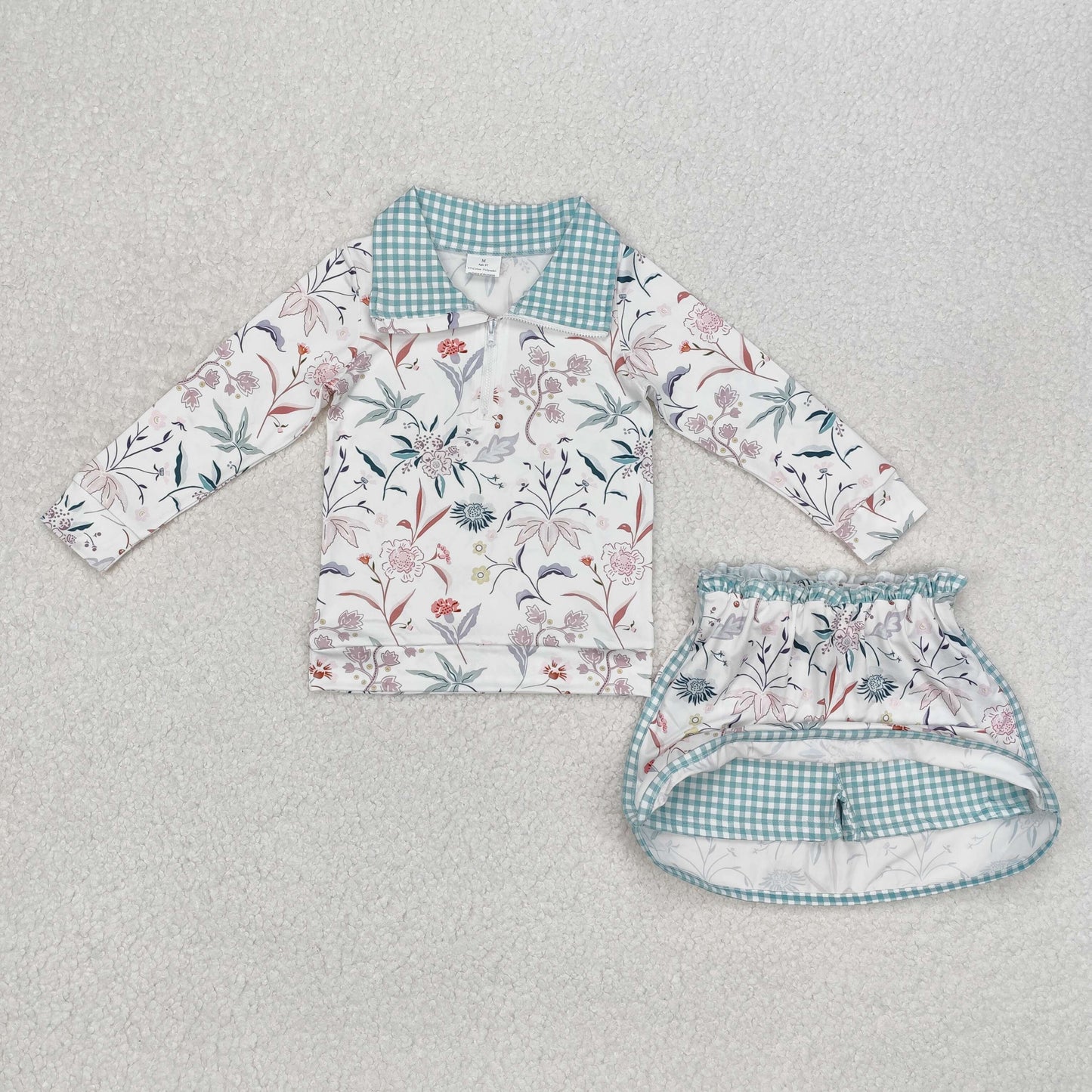 Sibling Baby Girls Zipper Pullover Floral Print Top Skirt With Shorts Set