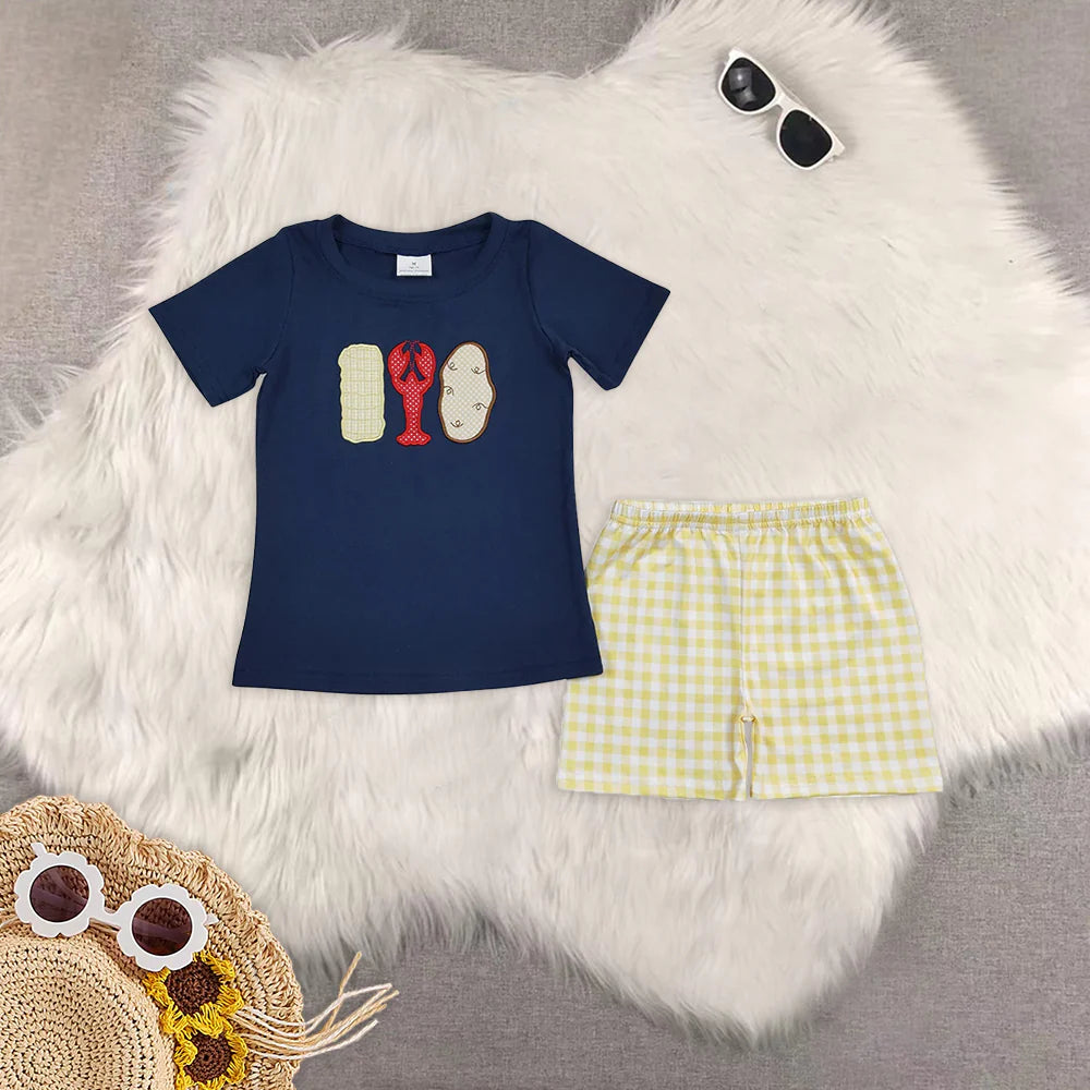 Toddler Boys Summer Sibling Embroidery Crayfish Shorts Set