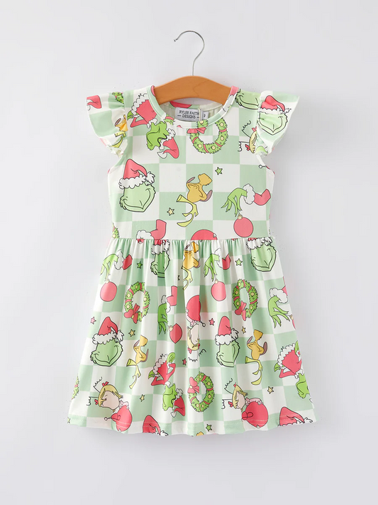 Baby Girls Christmas Green Face Checker Dress Preorder 5 MOQ