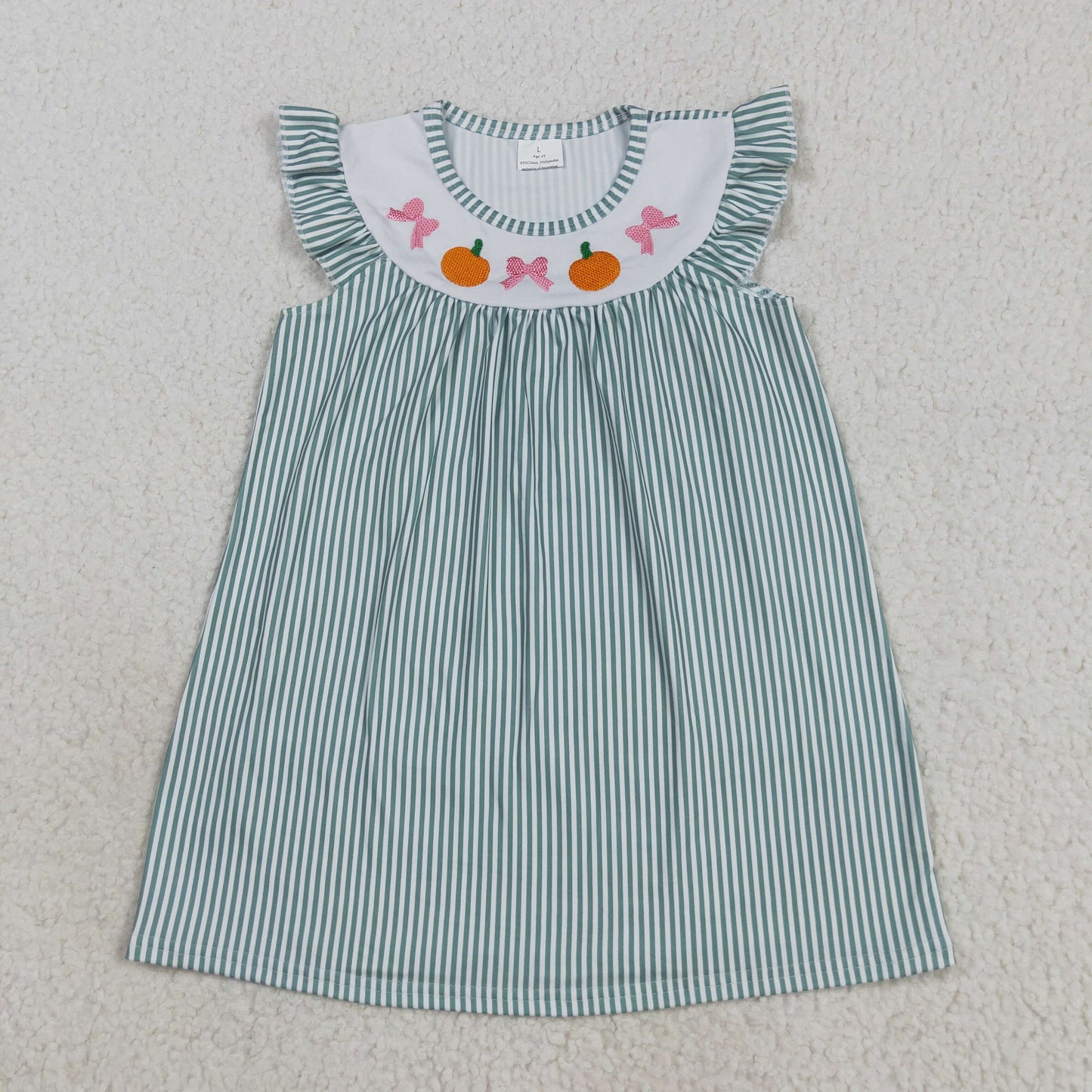 Embroidery Baby Girls Green Stripe Bows Pumpkins Fall Knee Length Dresses