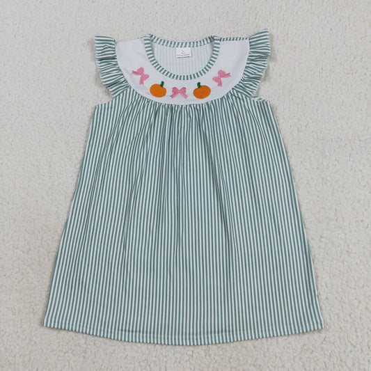 Embroidery Baby Girls Green Stripe Bows Pumpkins Fall Knee Length Dresses