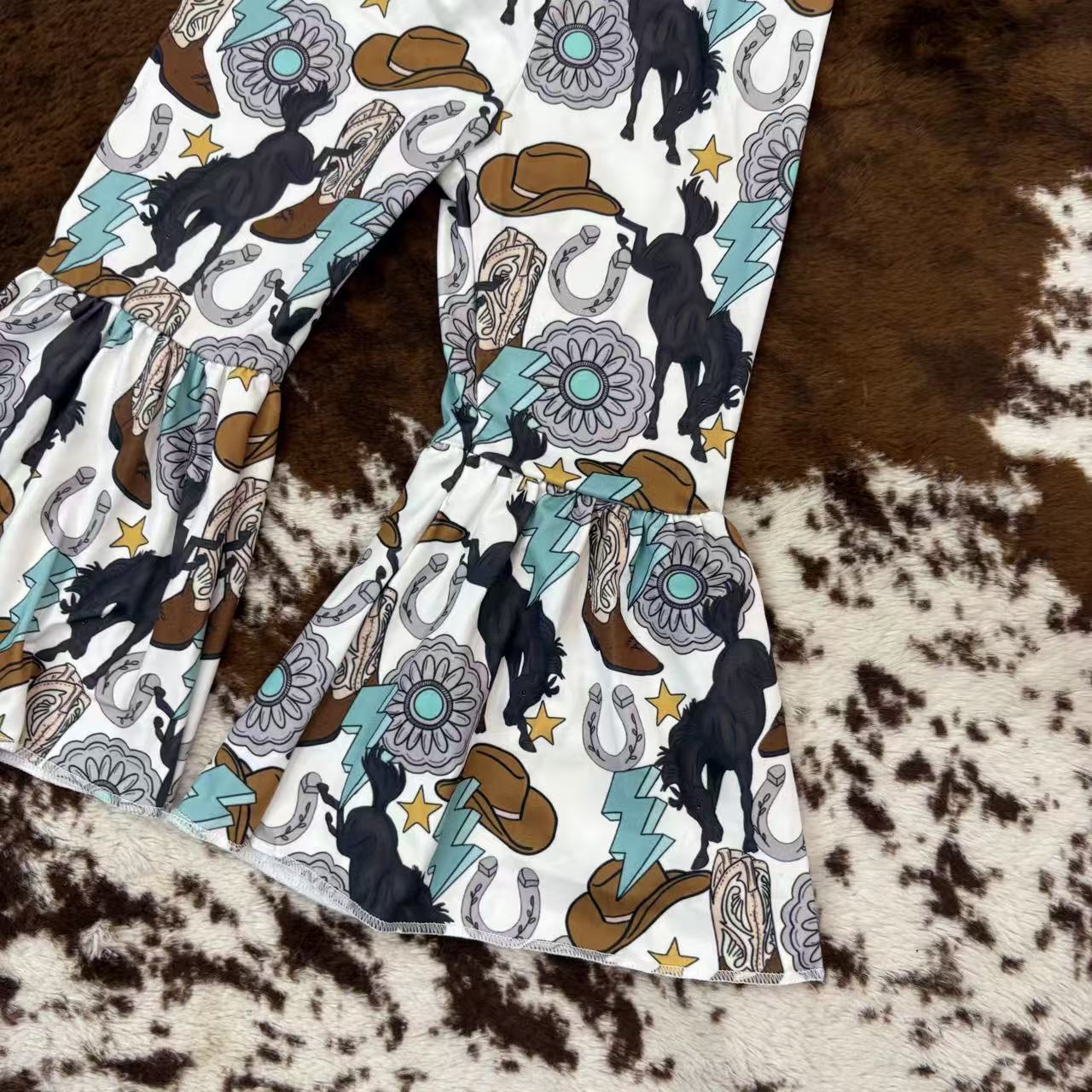 USA Shop Kids Girls Western Horse Bell Bottom Pants Outfit