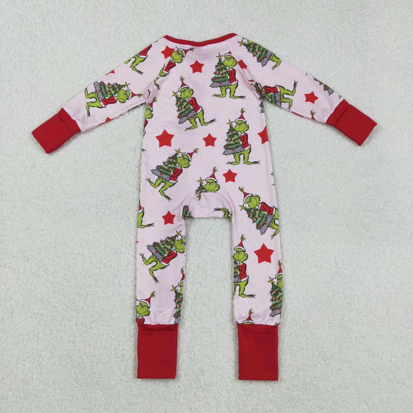 LR2496 Baby Girls Christmas  Green Face Long Sleeve Footed Romper With Zippy