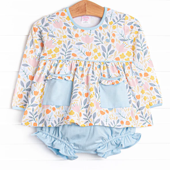 Baby Girls Long Sleeves Yellow Floral Blue Pockets Tunic Ruffle Short Set Preorder 5 MOQ