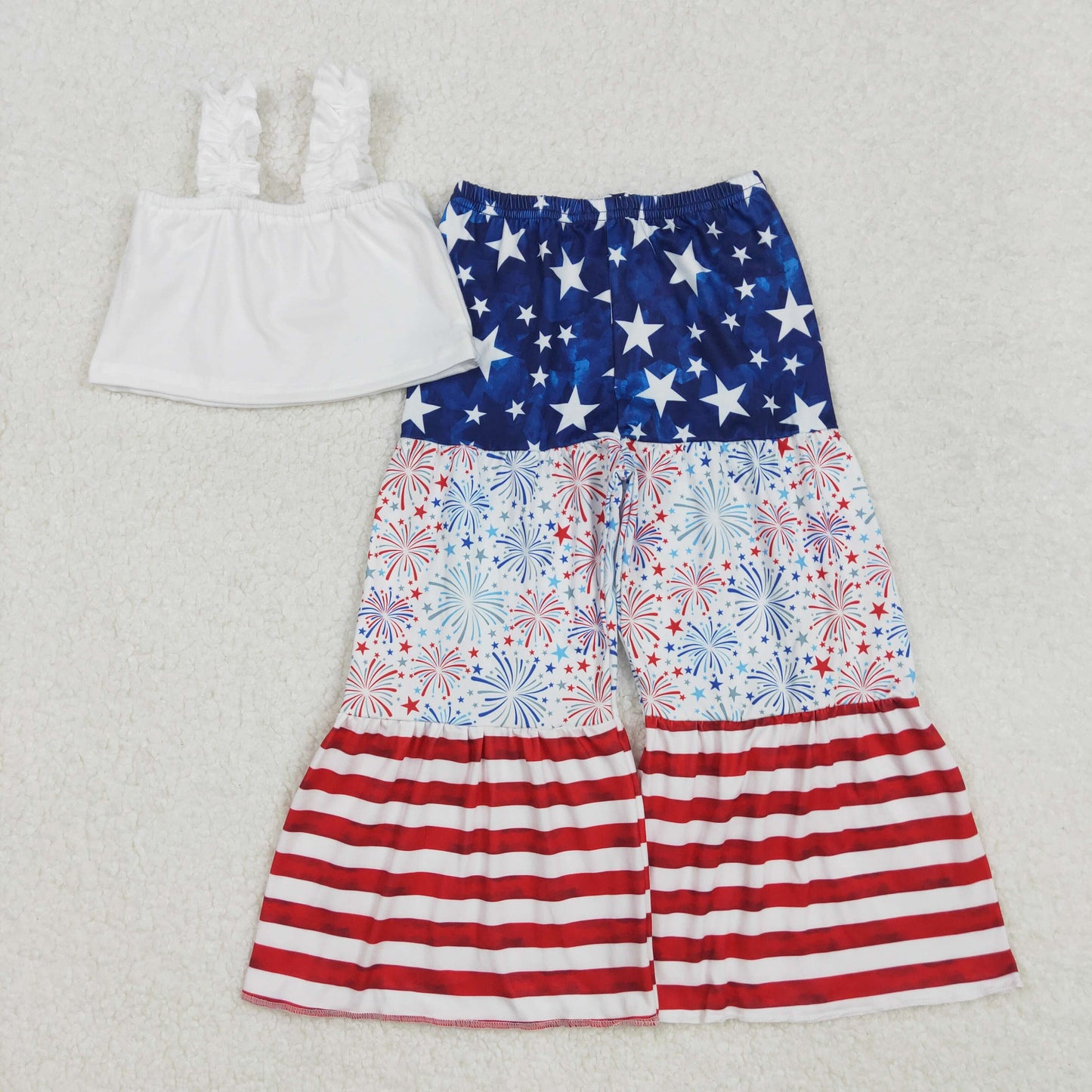 Baby Girls White Strap Top Blue Red Fireworks Flame Pant 4th Of July Set