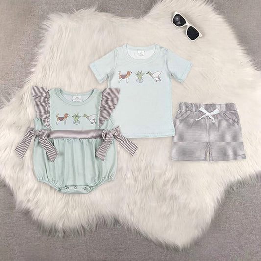 Sibling Baby Summer Hunting Duck Dog Set Romper