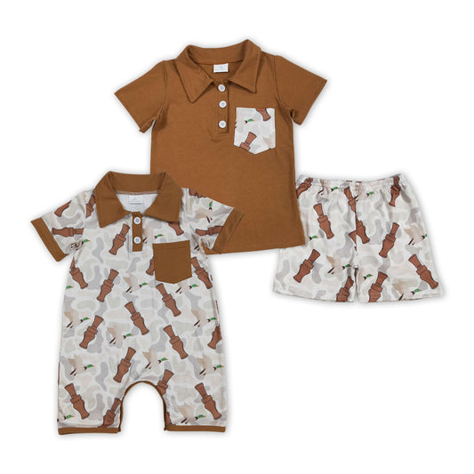 Sibling Baby Boys Short Sleeves Button Down Duck Calls Pocket Top Camo Shorts Western Set And Rompers