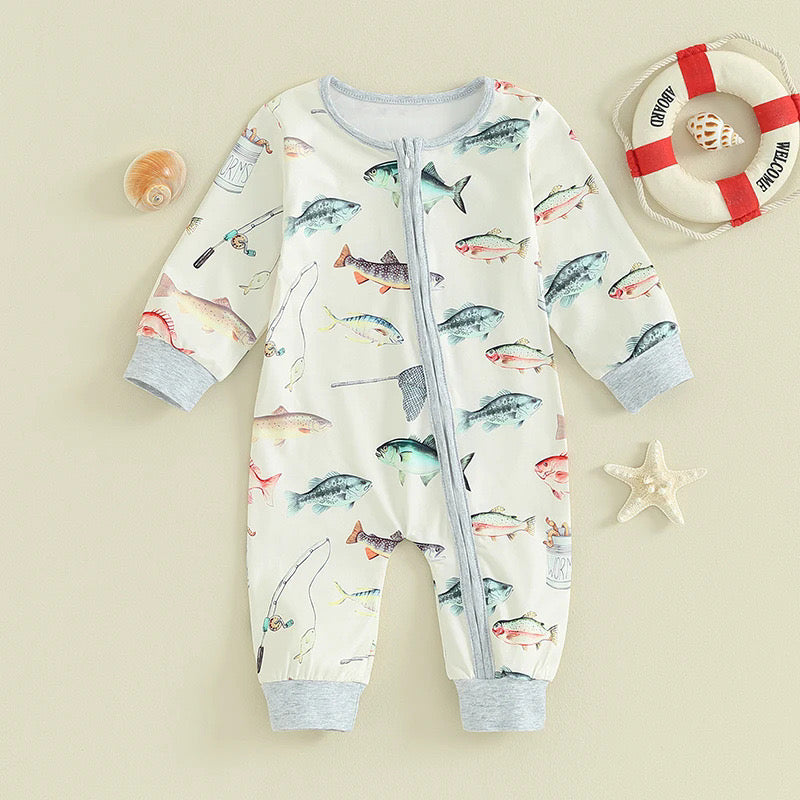 3 MOQ  Baby Boys Fishing Zip Romper Pre-order