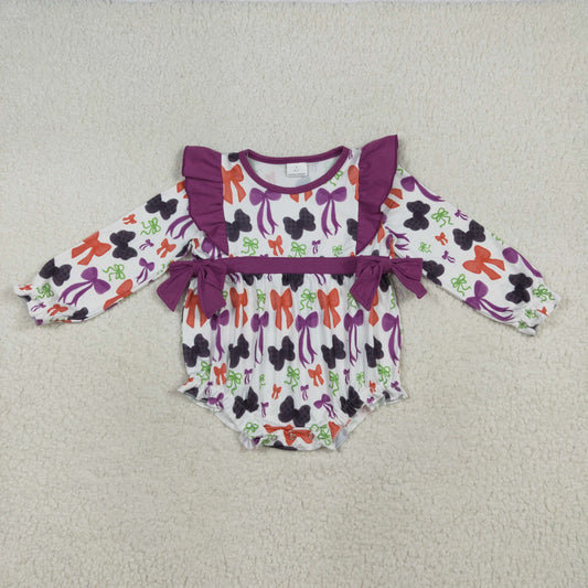 LR2285 Baby Girls Halloween Purple Bow Long Sleeve Bubble Romper