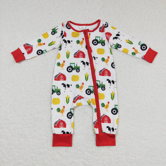 LR0672 USA Shop Baby Boys Fall Red Farm Long Sleeve Zip Rompers