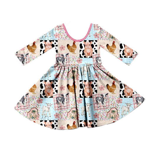 3 MOQ Baby Girls  Cute Farm Animal  Long Sleeve Dress Pre-order