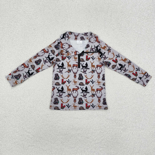 BT0954 Baby Boys Hunting Deer Dog Long Sleeve  Pullover Top