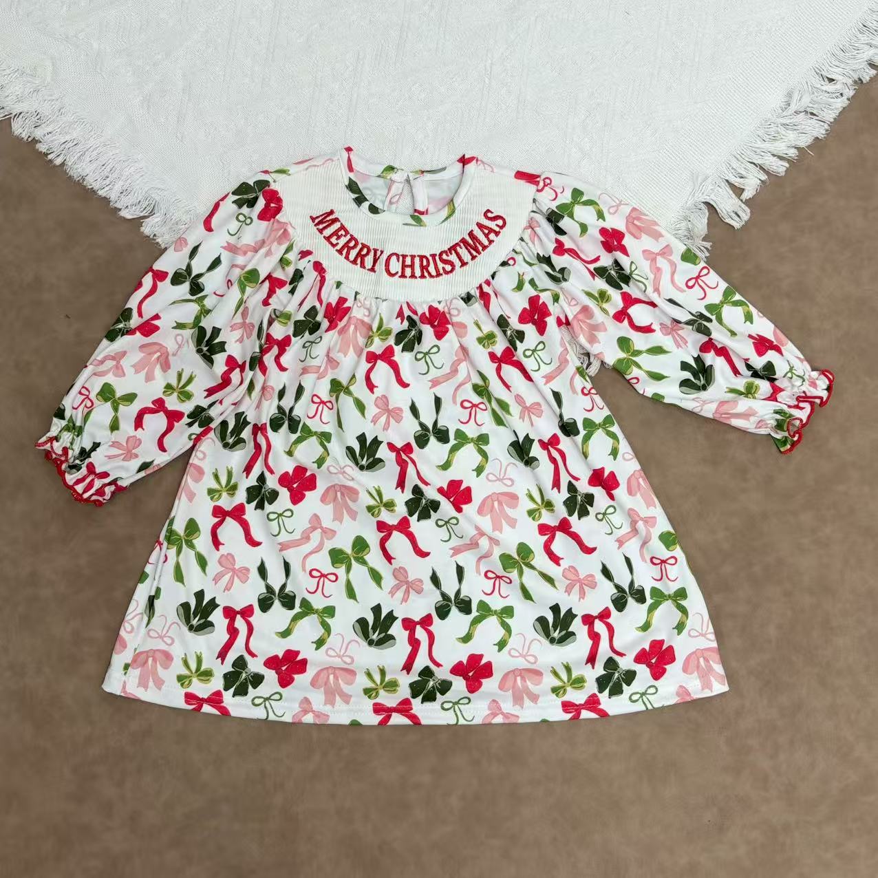 Sibling Kids Girls Merry Christmas Bow Smocked Dressd and Romper